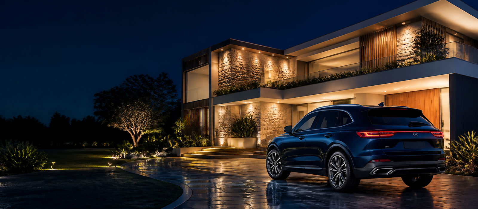 Casa moderna iluminada e automóvel premium em frente à residência